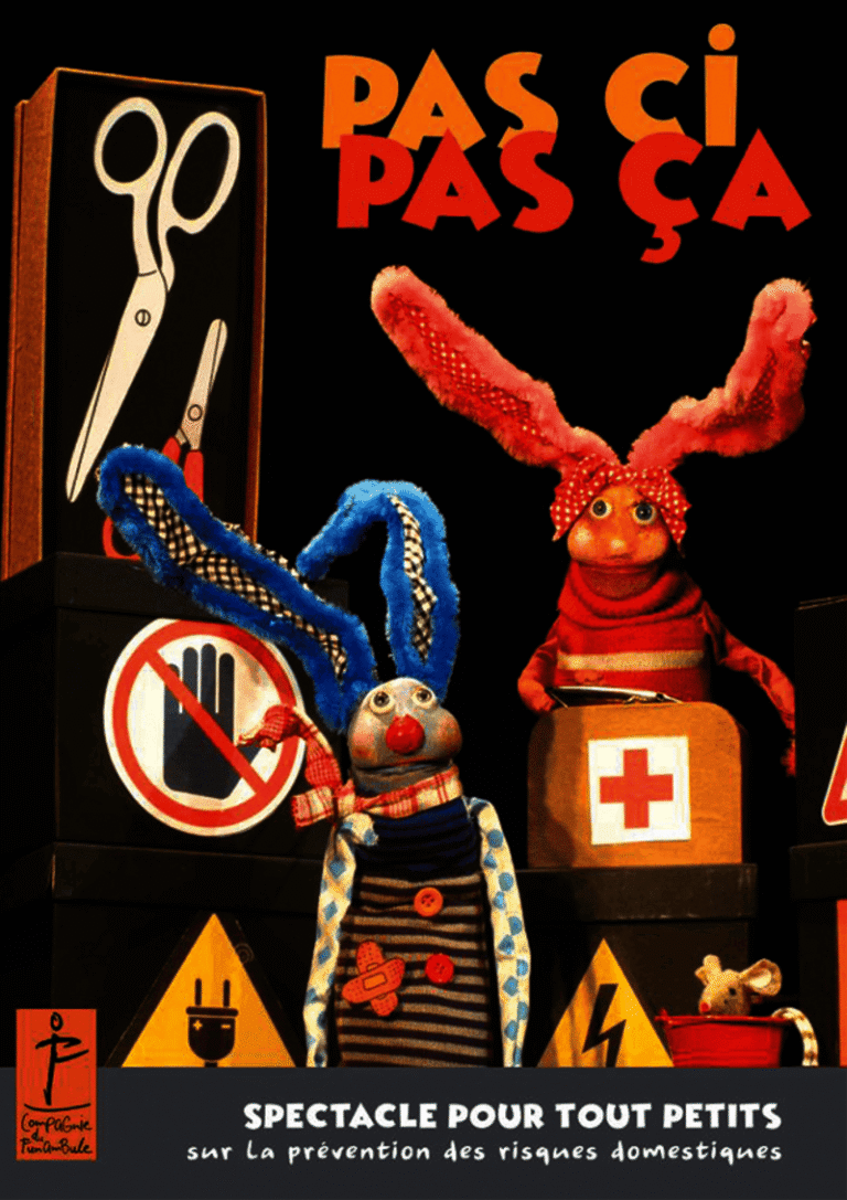 Marionnettes colorées pour spectacle "Pas ci, pas ça" au Divadlo.